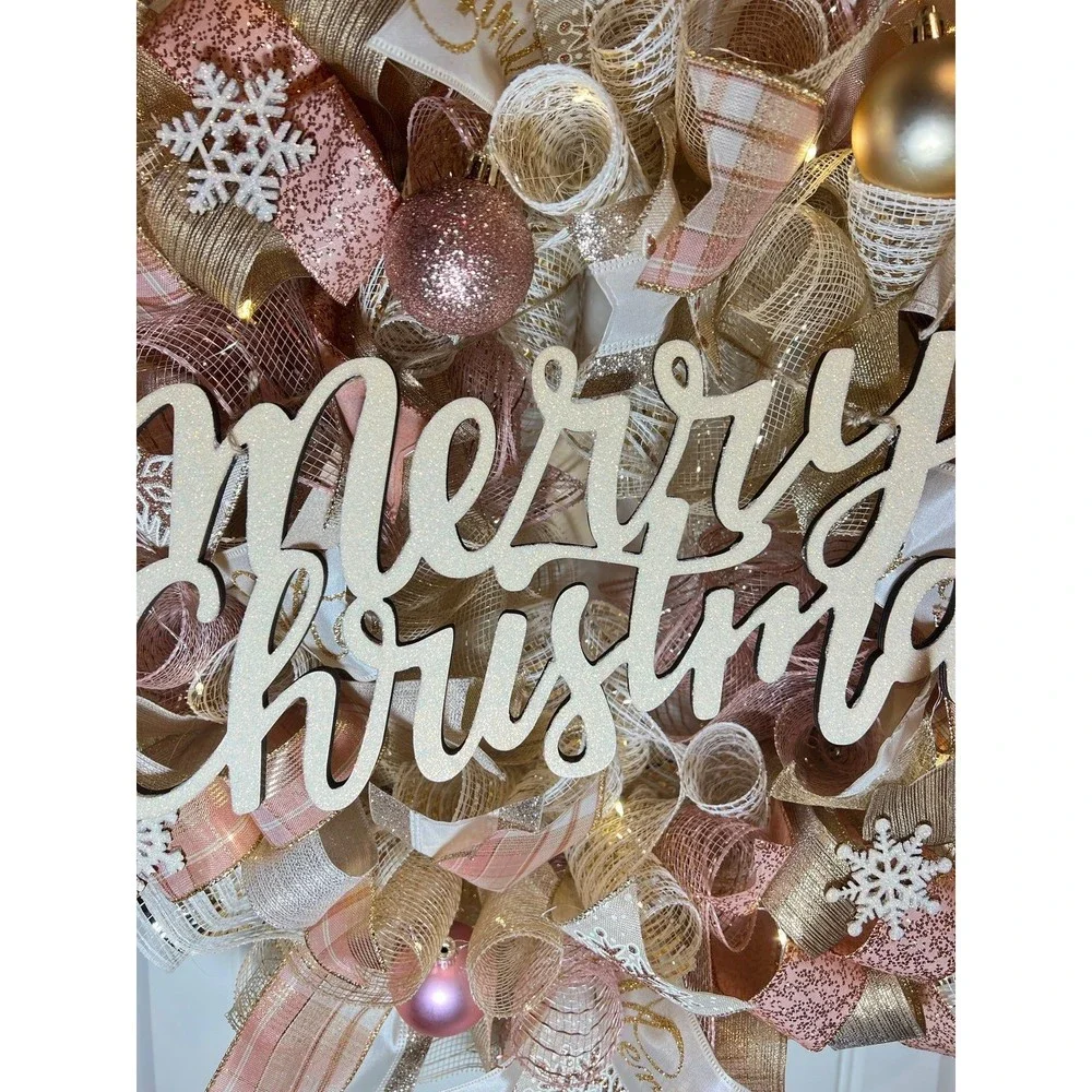 Christmas Snowflake Holiday Ribbon Door Wreath Handmade 22 ins LED W43 Gold